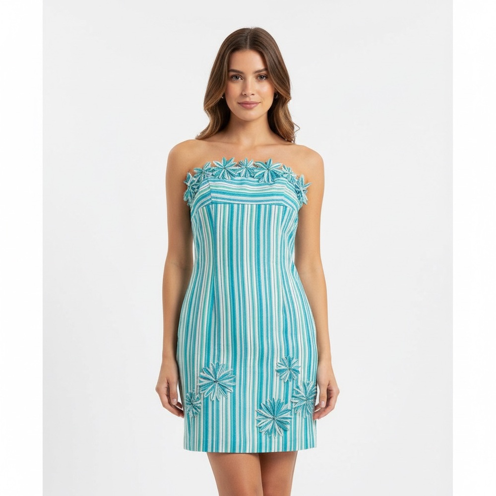 Muse Strapless Teal and White Dress with Floral Details
